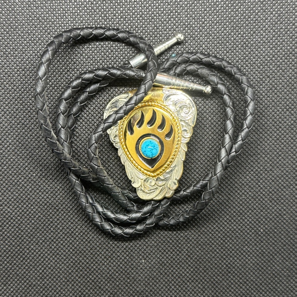 Antique Gold and Silver color western bolo tie with Black Cord turquoise stone